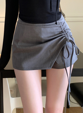 纯色抽绳系带显腿长半身短裤裙女夏不规则设计感灰色辣妹包臀短裙