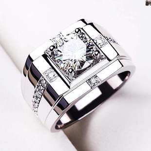 美国莫桑石钻戒男戒 18K白金莫桑石戒指 开口可调节男款戒指 多钻