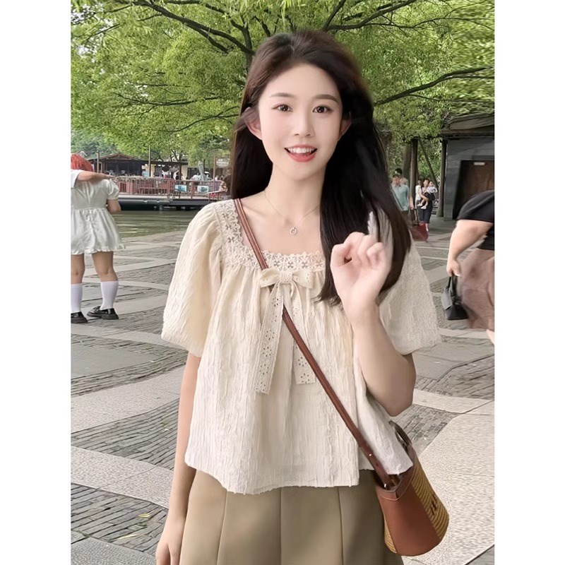 潮牌泡泡袖短款蕾丝雪纺衫女2025夏季新款小个子减龄覆古显瘦上衣
