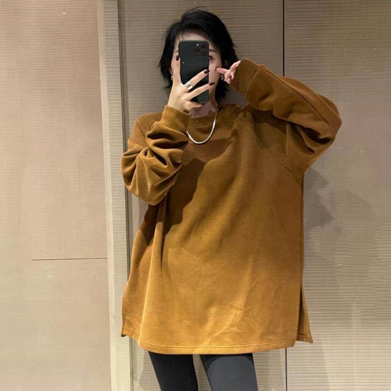 欧洲站复古开叉抓绒加厚圆领卫衣女2025秋季新款大码宽松显瘦上衣,女装/女士精品,大码内搭,淘宝优惠券,粉丝福利购,淘宝优惠卷