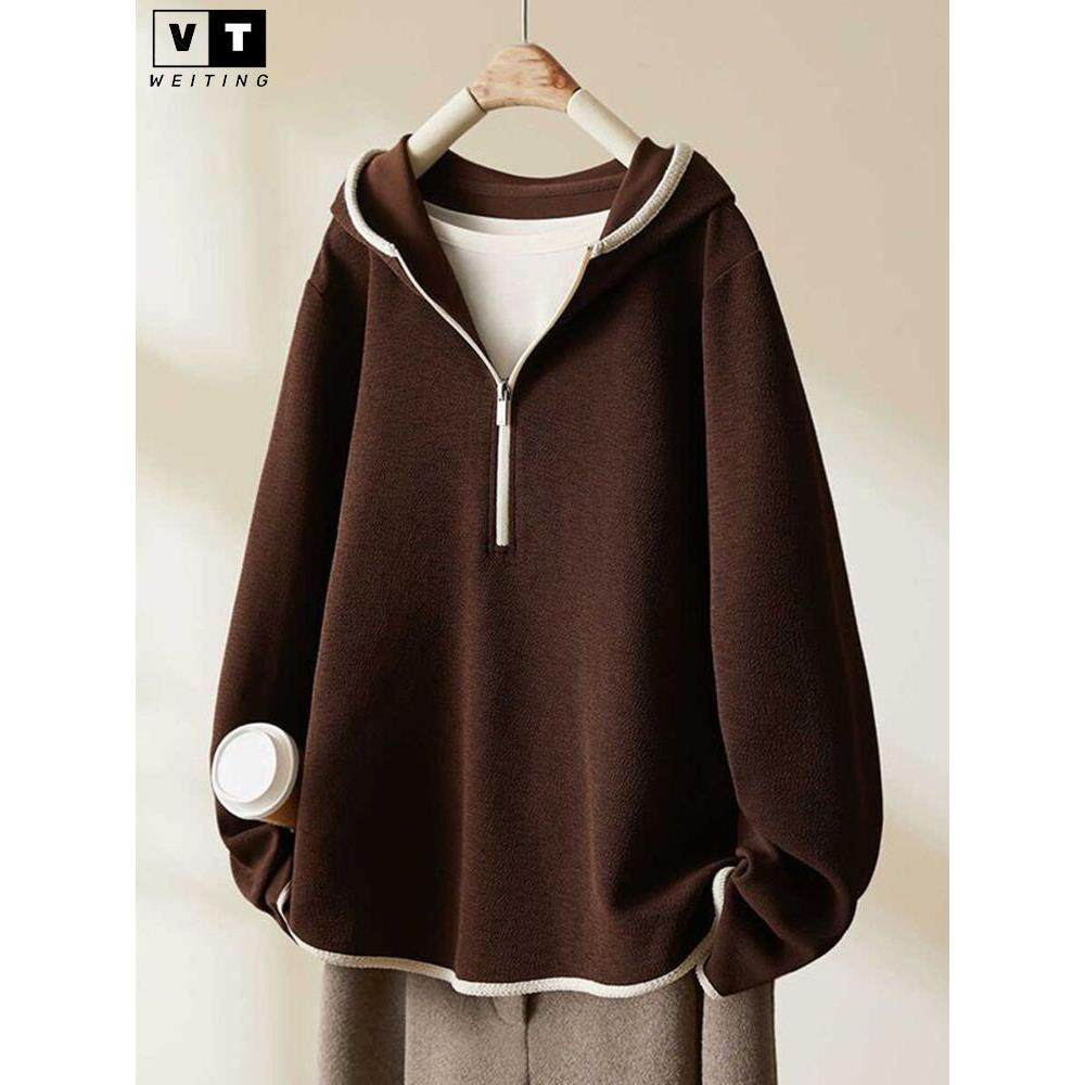 WEI TING高端覆古美式半拉炼卫衣女2025秋季新款撞色宽松连帽外套,女装/女士精品,卫衣/绒衫,淘宝优惠券,粉丝福利购,淘宝优惠卷