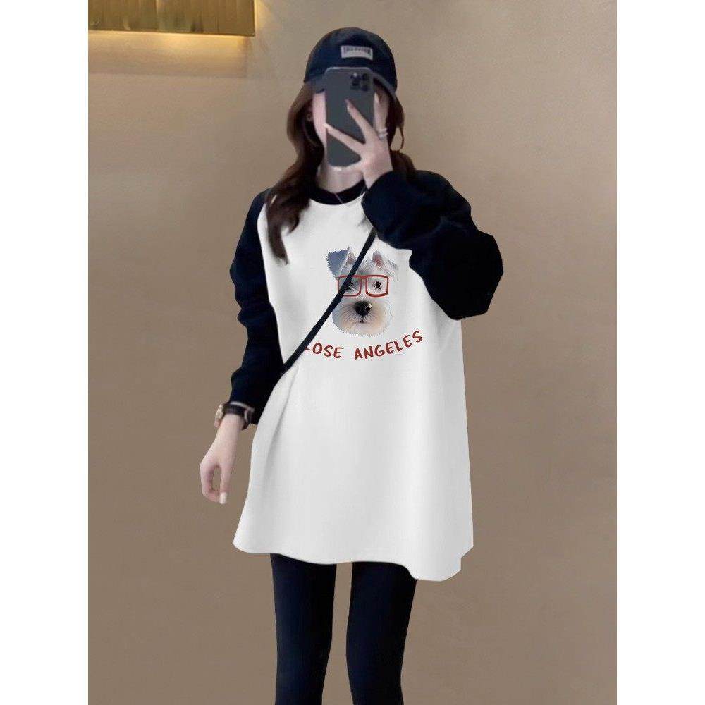 韩国女装高级感磨毛插色圆领长袖T恤休闲风中长厚款宽松百搭上衣