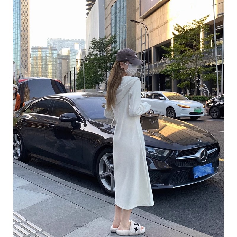 FAshi 法式连帽运动衫裙女秋冬2023新款休闲显瘦打底长版针织洋装