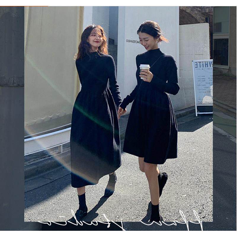 欧洲站秋冬新款赫本风黑色长款毛衣打底裙配大衣的内搭针织连衣裙