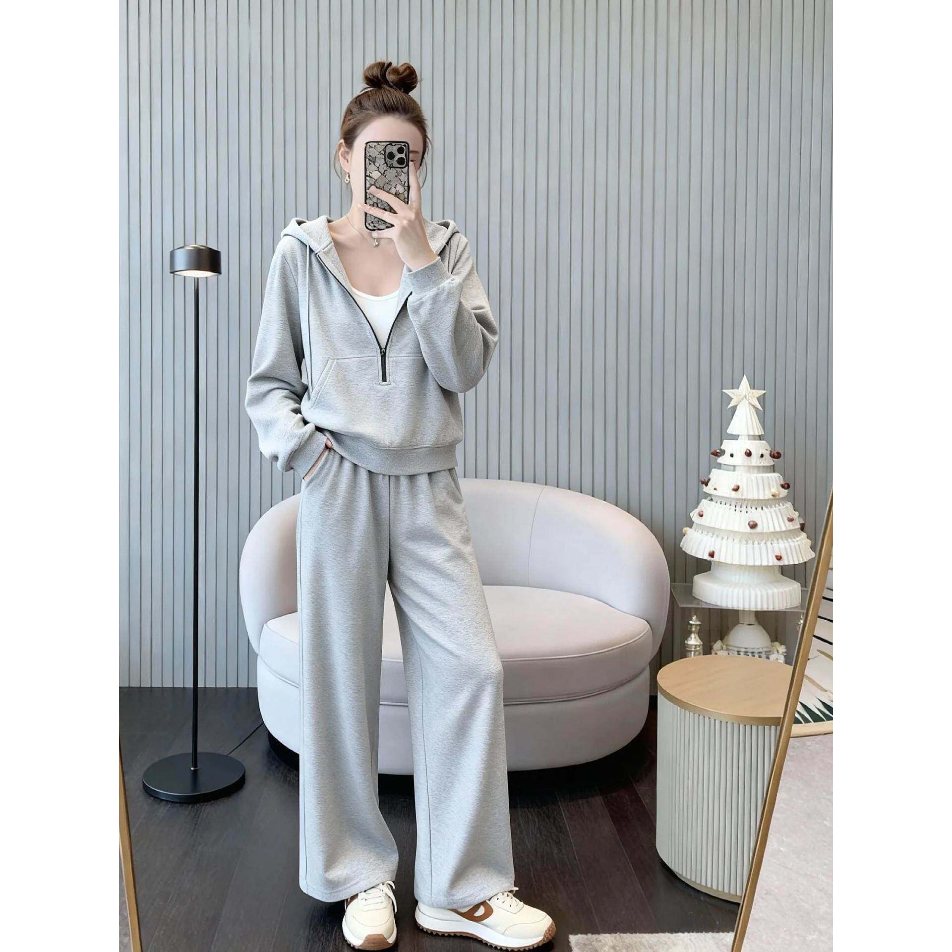 韩国半拉炼连帽卫衣休闲运动套装女秋冬加绒加厚宽松慵懒风两件套