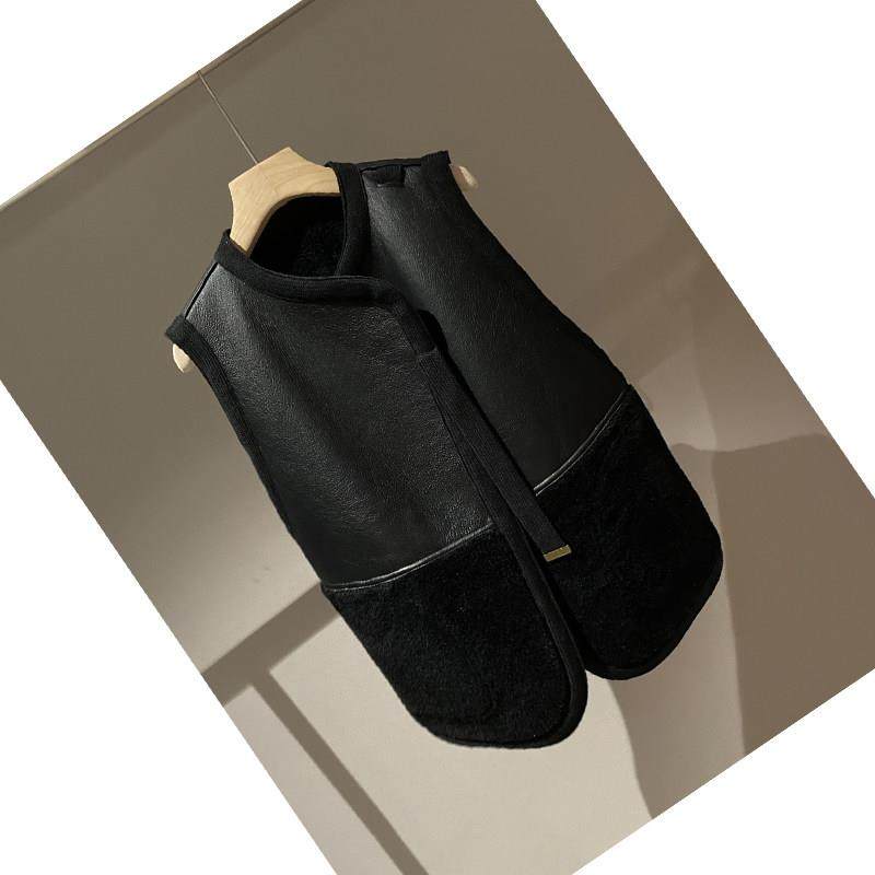 韩国秋冬新款休闲圆领羊羔毛皮毛一体黑色双面穿马甲女修身外套潮