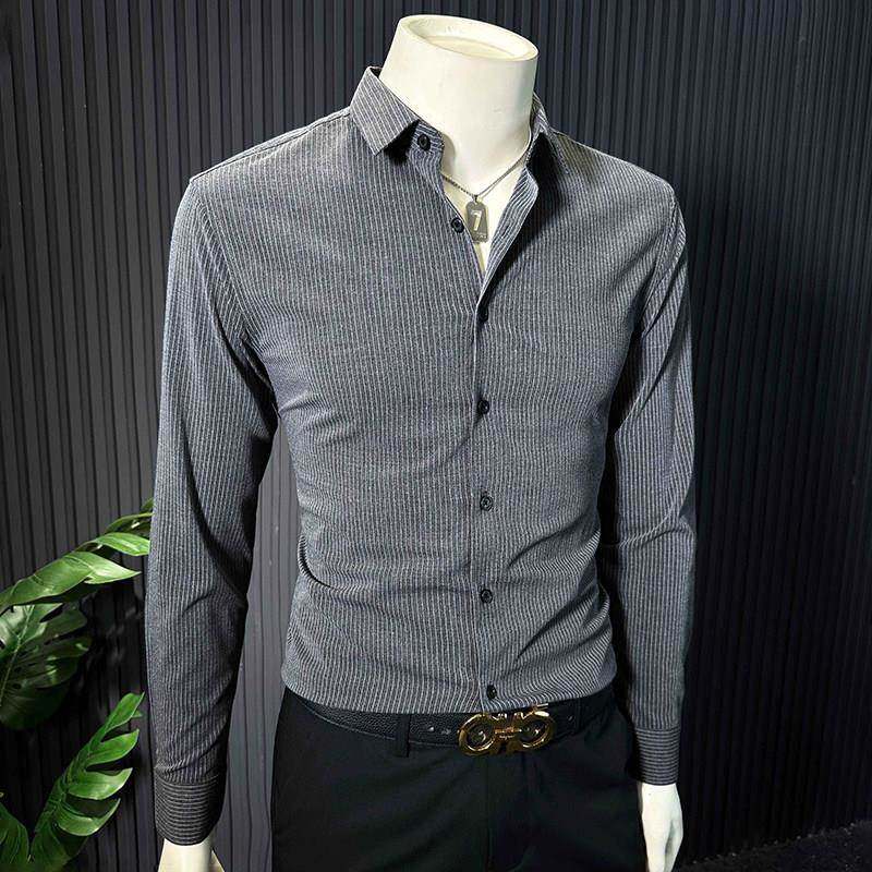 高端轻奢条纹衬衫男款长袖2025新款爆款春秋季痞帅修身商务衬衣