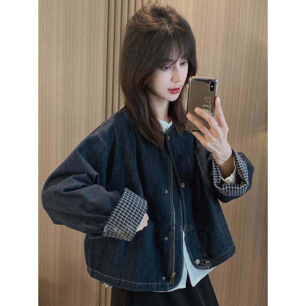 欧洲站2025年春秋新款覆古小众百搭洋气圆领格子长袖牛仔外套女潮,女装/女士精品,短外套,淘宝优惠券,粉丝福利购,淘宝优惠卷