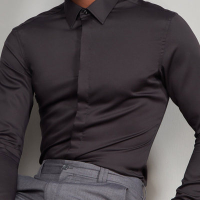 法式丝光棉衬衫男长袖商务正装黑色新郎结婚修身休闲衬衣免熨烫