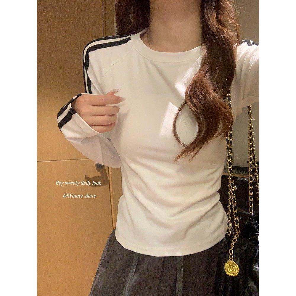 韩国2025白色条纹长袖T恤女春秋修身插肩时尚内搭打底衫上衣秋冬