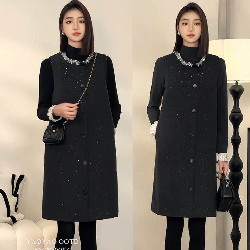 欧洲站设计感黑色小香风套装女2025年秋冬新款内搭毛呢背心连衣裙