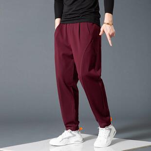 香港哈伦裤男宽松弹力运动裤酒红色新款小脚纯色棉百搭男士休闲裤
