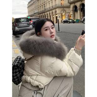 轻奢2025冬新款大毛领90白鸭绒羽绒服女短款小个子面包服连帽外套
