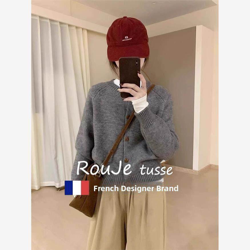 Rouje tusse圆领羊绒针织开衫女2025春季高级感毛衣外套羊毛上衣