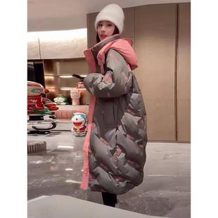 欧洲站秋冬新款欧货重工拼接连帽羽绒服女中长款90白鸭绒保暖外套