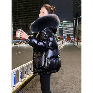 黑色羽绒棉服女冬季新款时尚韩版宽松加厚大毛领亮面免洗棉衣外套