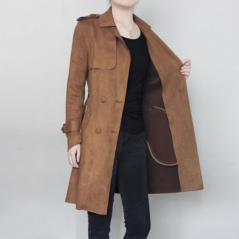 麂皮绒风衣女中长款2024年春秋新款气质外套修身垂感显瘦棕色大衣