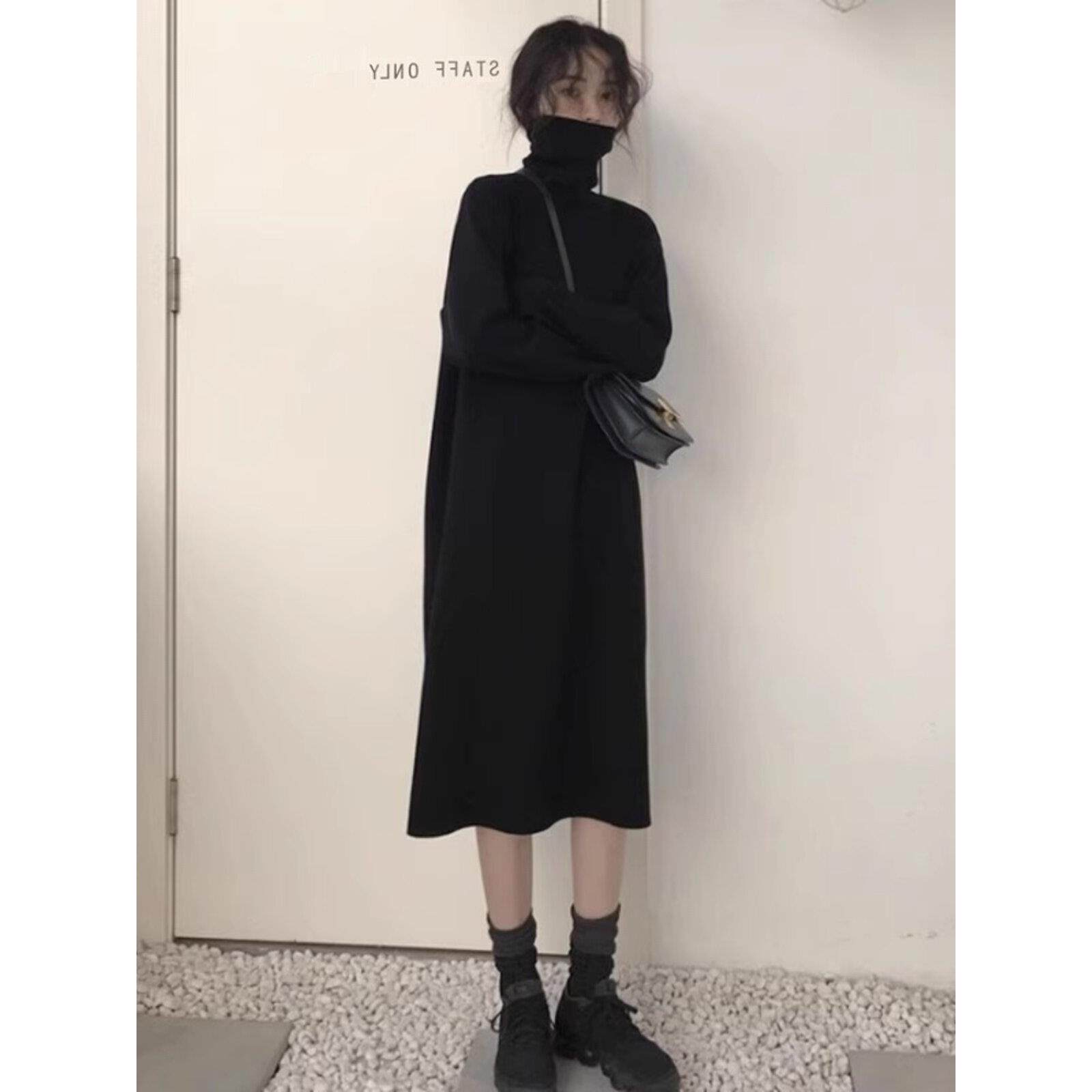 欧洲站2024新款配大衣的高领毛衣裙长款黑色针织打底连衣裙女秋冬