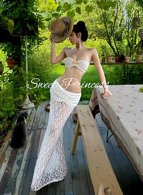 「奈雪」泰国高级感白色纯欲分体比基尼蕾丝长裙海岛度假温泉泳衣