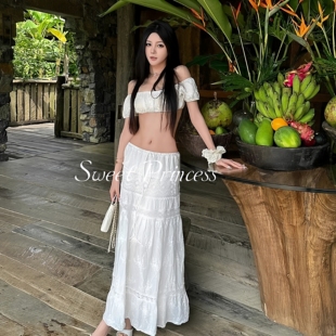 「月光女神」纯欲性感bikini刺绣三件套泡泡袖 遮肉海边度假泳衣