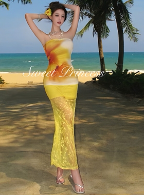 「盛夏晚风」多巴胺度假风黄色印花连衣裙女海边温泉度假长裙泳衣
