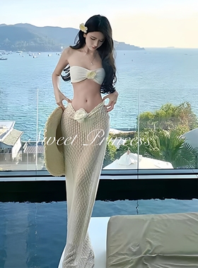 「绮梦」泰国氛围感白色针织罩衫花朵比基尼三件套海岛度假泳衣