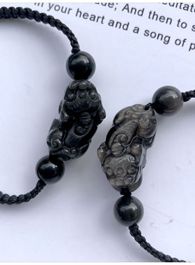 天然水晶银黑曜石貔貅手链男女情侣款手工编织手串招财平安送礼物