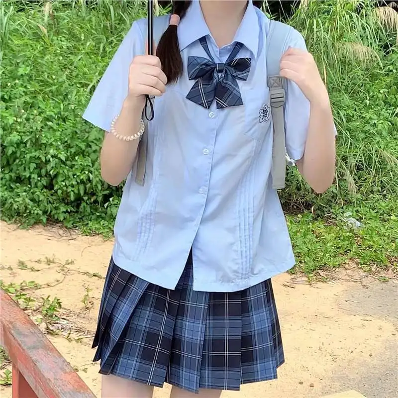 原创冈梨田jk制服裙正版套装全套半身裙女学院风夏季短袖刺绣衬衫