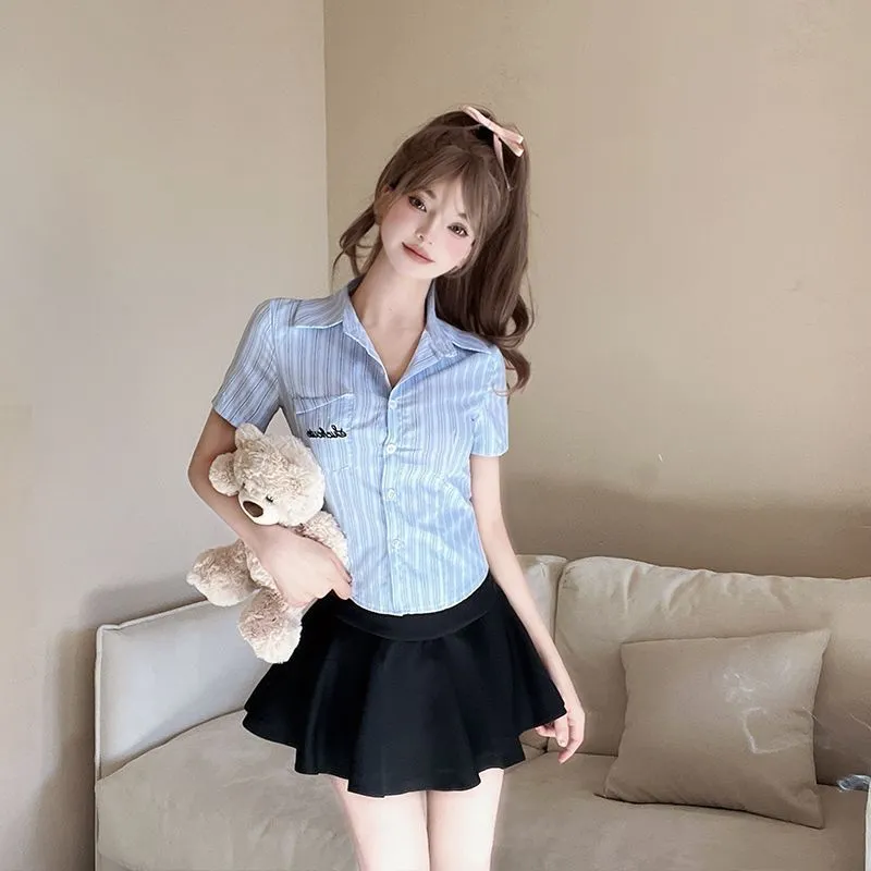 纯欲甜美气质收腰短袖条纹衬衫女夏季刺绣设计感百搭上衣裙子套装
