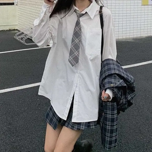 白襯衫 女 JK領(lǐng)帶領(lǐng)結(jié)制服長(zhǎng)袖 日系學(xué)院風(fēng)BF風(fēng)寬松襯衣內(nèi)搭韓版