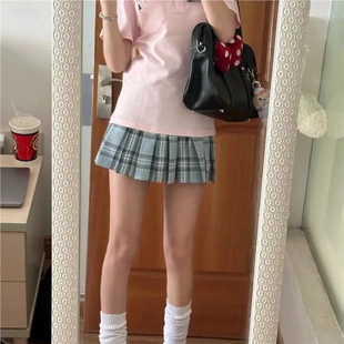 学院风修身 日系甜辣妹粉色POLO衫 新款 短袖 显瘦刺绣上衣 T恤女夏季