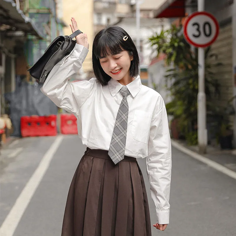 奶白色衬衫女春秋上衣小个子日系学院风打底衬衣设计感小众