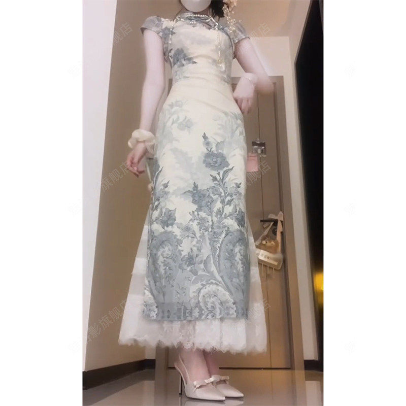 新中式国风复古印花改良旗袍连衣裙女夏季新款气质镂空收腰长裙子