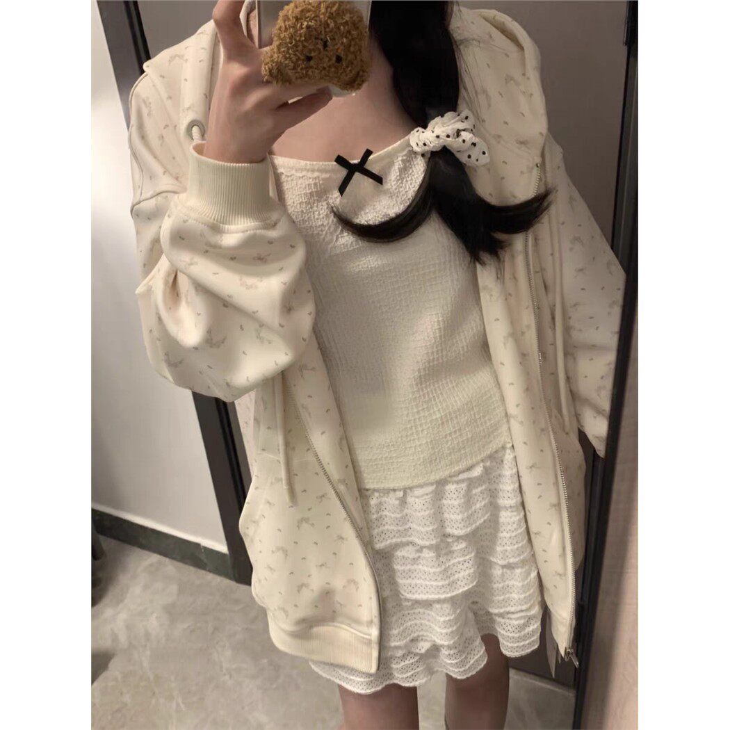 碎花连帽运动衫女春秋oversize薄款外套港味chic宽松慵懒开 衫上