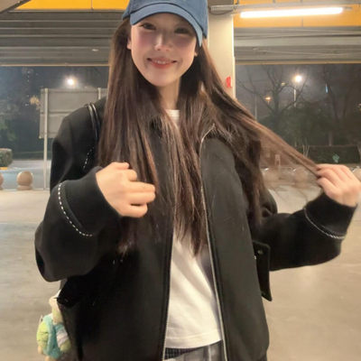 撞色翻领黑色外套女夹克上衣