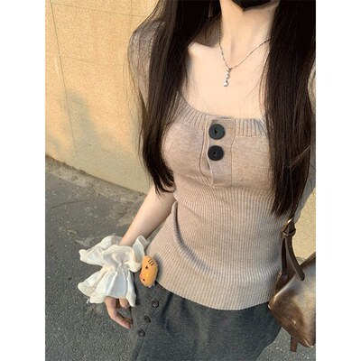 燕麦色七分袖针织衫女春