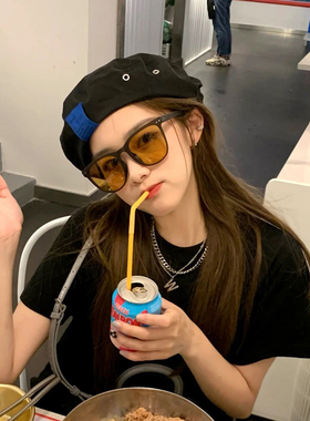 太阳镜女墨镜可折叠圆形黑框茶色