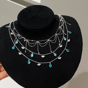 叠戴50分蛋形浅海蓝帕拉伊巴睫毛蕾丝流苏三款项链女925银镀18K金