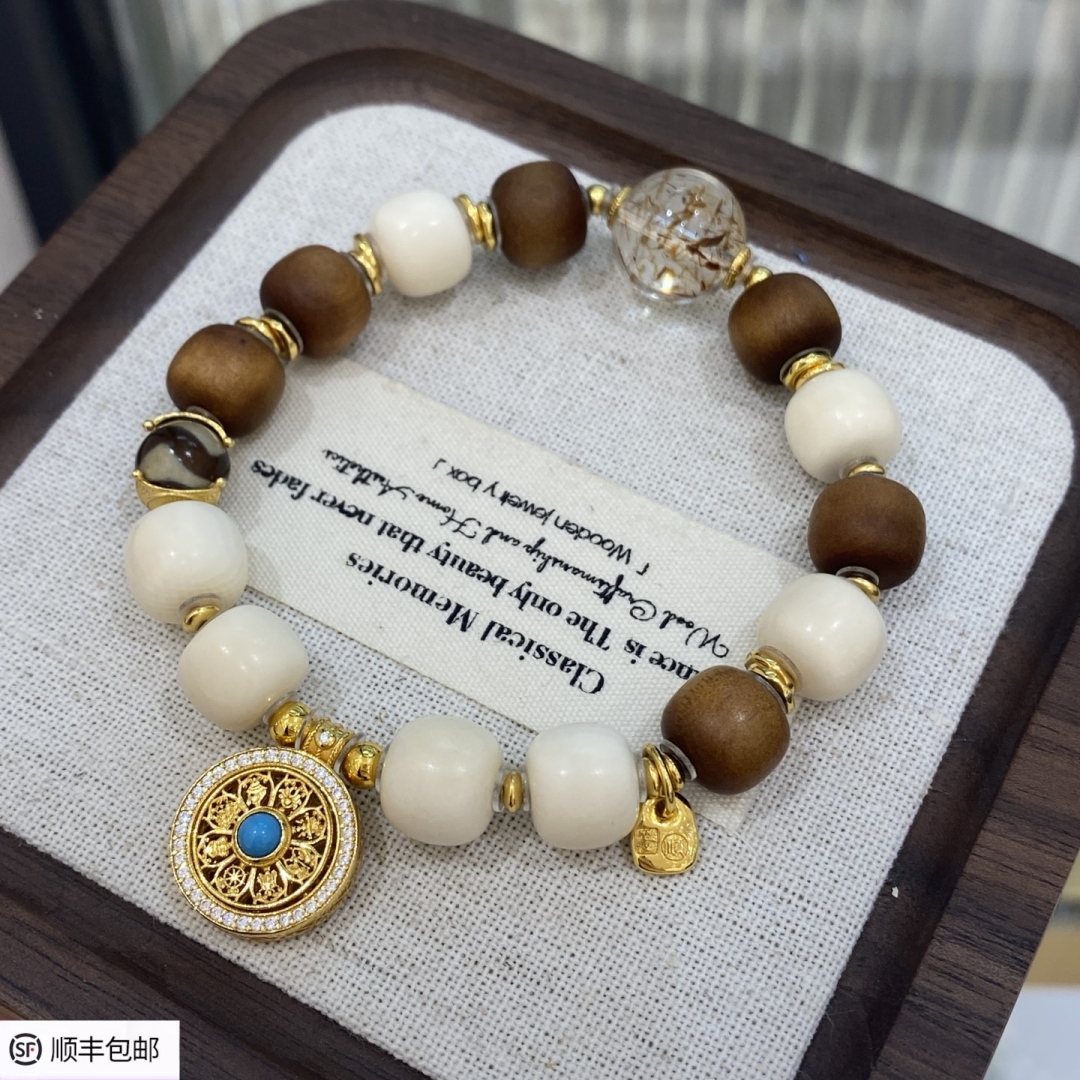 时来运转|八宝罗盘猛犸象牙檀木珠串手链女925银镀18K轻奢新中式