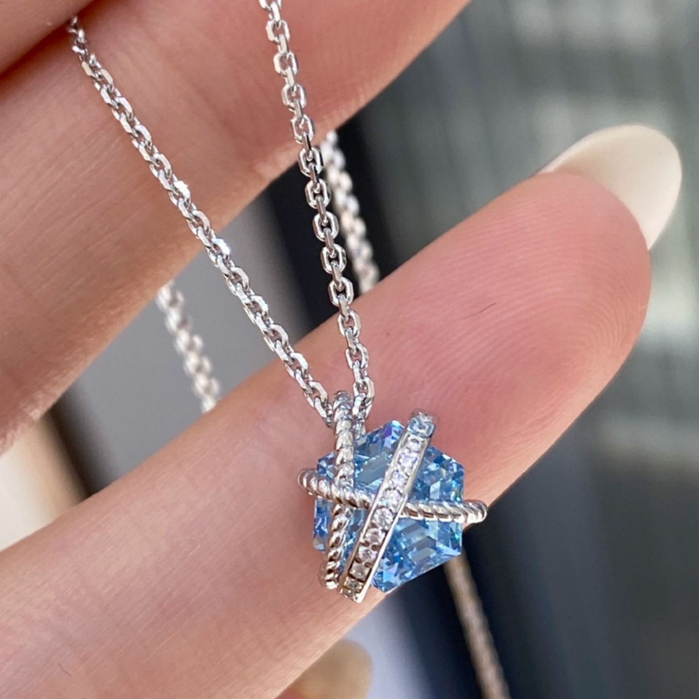 星光交织|蓝色捆绑六角钻单钻项链女925银交叉缠绕锁骨链时尚通勤,饰品/流行首饰/时尚饰品新,银饰项链,淘宝优惠券,粉丝福利购,淘宝优惠卷