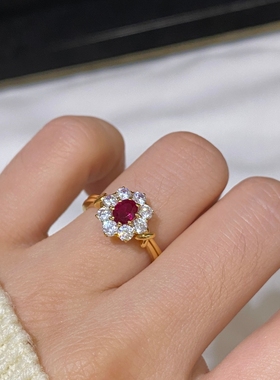 复古红宝石围镶花朵戒指女925银