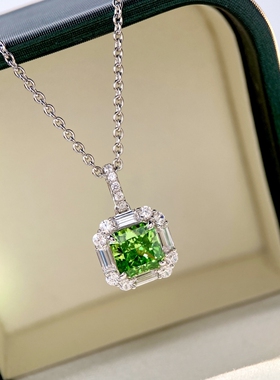 薄荷绿方糖|祖母绿切割工艺2克拉嫩绿色方形钻项链女925银精致