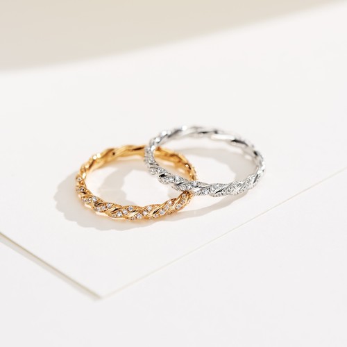 小麻花满镶钻石戒指女925银镀金