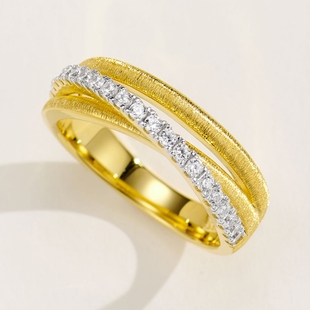 复古三层三环线条交错拉丝排钻戒指女925银镀18K金轻奢时尚叠戴