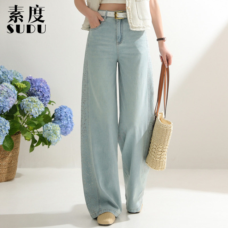 素度新款夏季亚麻莱赛尔棉牛仔裤女侧边重工烫金珀阔腿裤女拖地裤