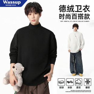 美式休闲百搭宽松半高领长袖T恤男女潮流德绒卫衣2026春季打底衫