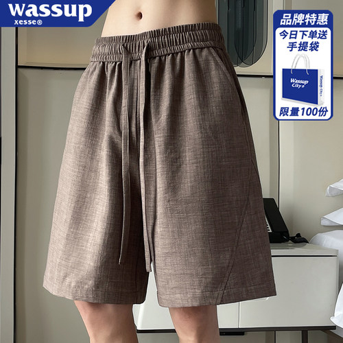 咖色斜切仿亚麻休闲短裤夏季薄款