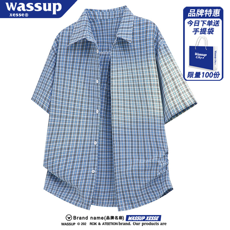 美式复古格纹刺绣短袖衬衫男夏季宽松POLO衫T恤设计感情侣外套