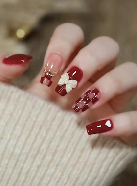 网红爆款豹纹法式红色格纹蝴蝶结新年美甲手工定制穿戴甲可拆卸