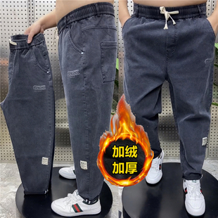 胖哥舒适休闲长裤 冬季 弹力宽松纯色直筒老爹裤 男士 加绒加厚牛仔裤